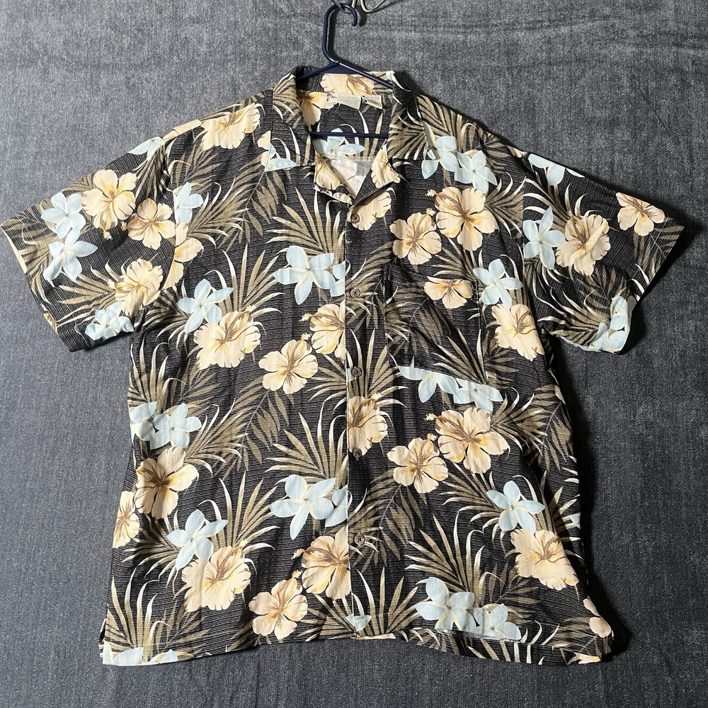 Island Shores Hawaiian Shirt Mens XL Black Tropical Floral Palm Camp